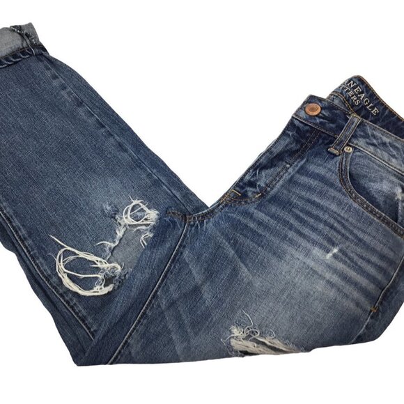 American Eagle Boy Crop Jeans Size 6 Regular Distressed Blue Denim Button Fly - Picture 3 of 8